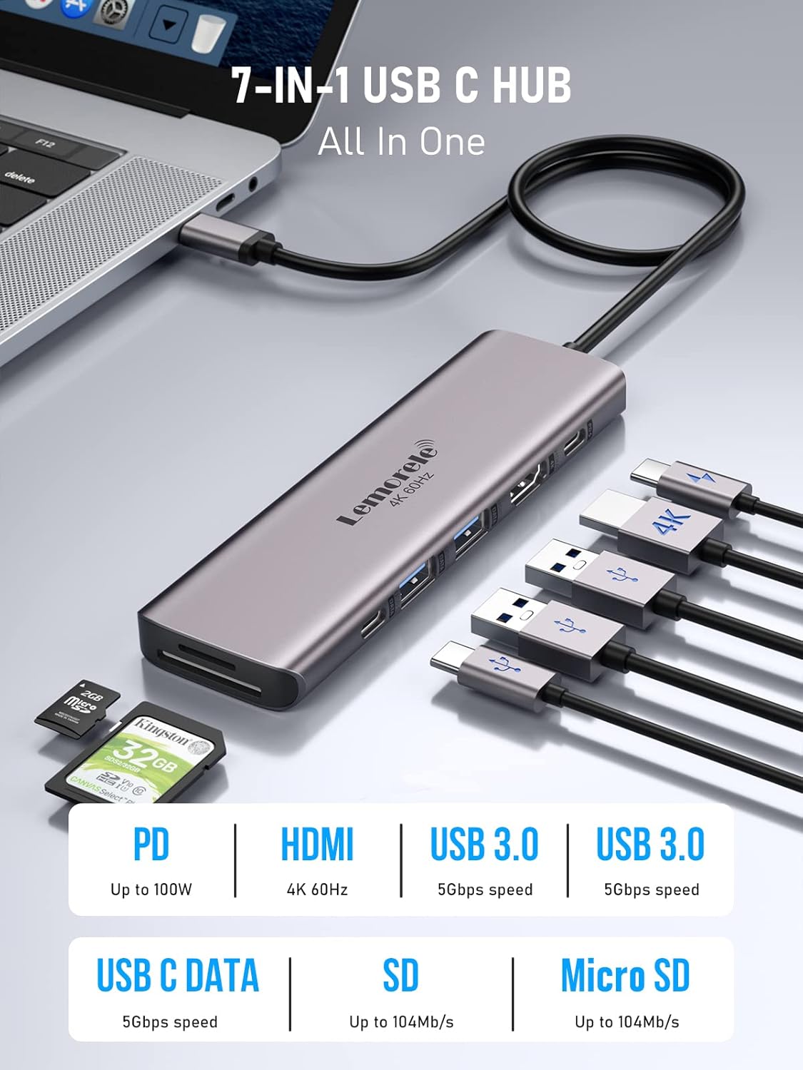 Lemorele 7-in-1Docking Station, Multiport Adapter with HDMI 4K@60Hz