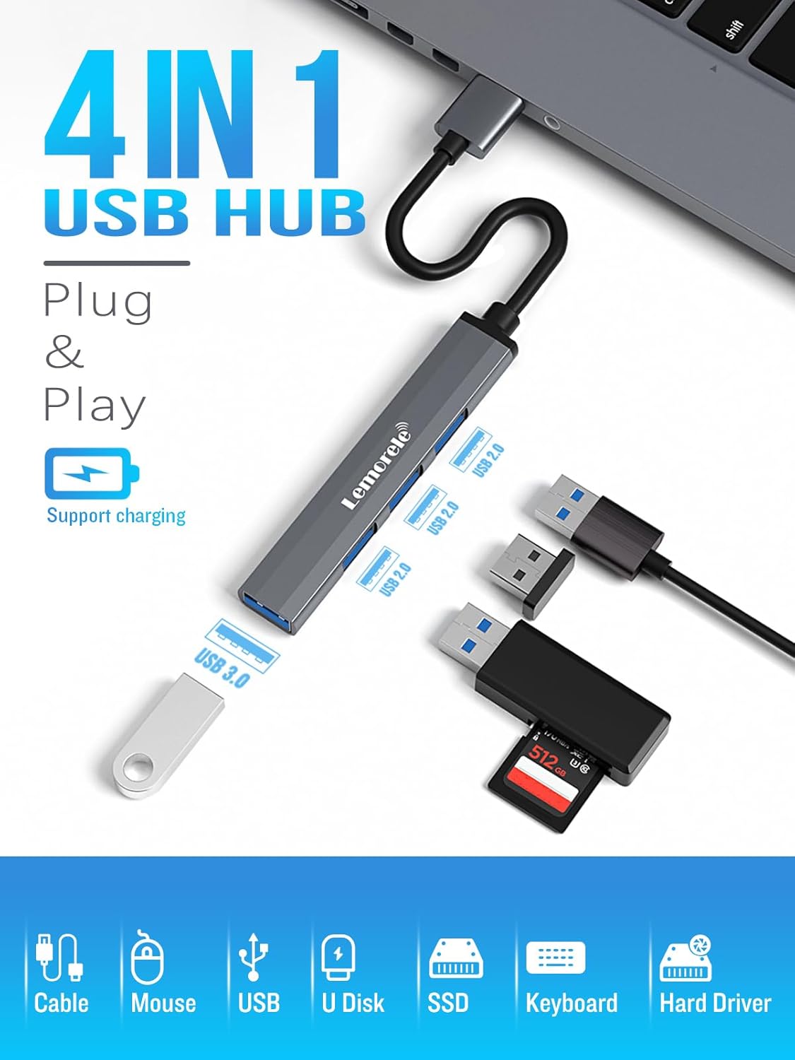Lemorele USB Hub with 4 Ports for MacBook Pro/Air, PS4, Xbox, Windows, Android