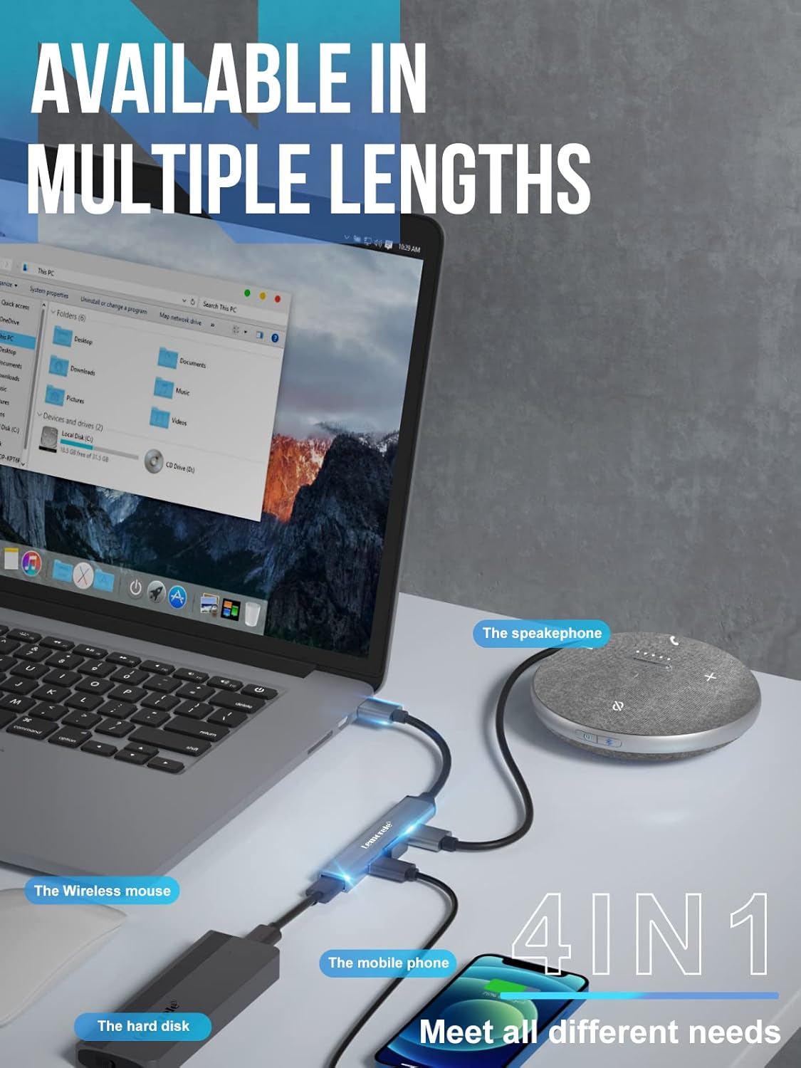 Lemorele USB Hub with 4 Ports for MacBook Pro/Air, PS4, Xbox, Windows, Android