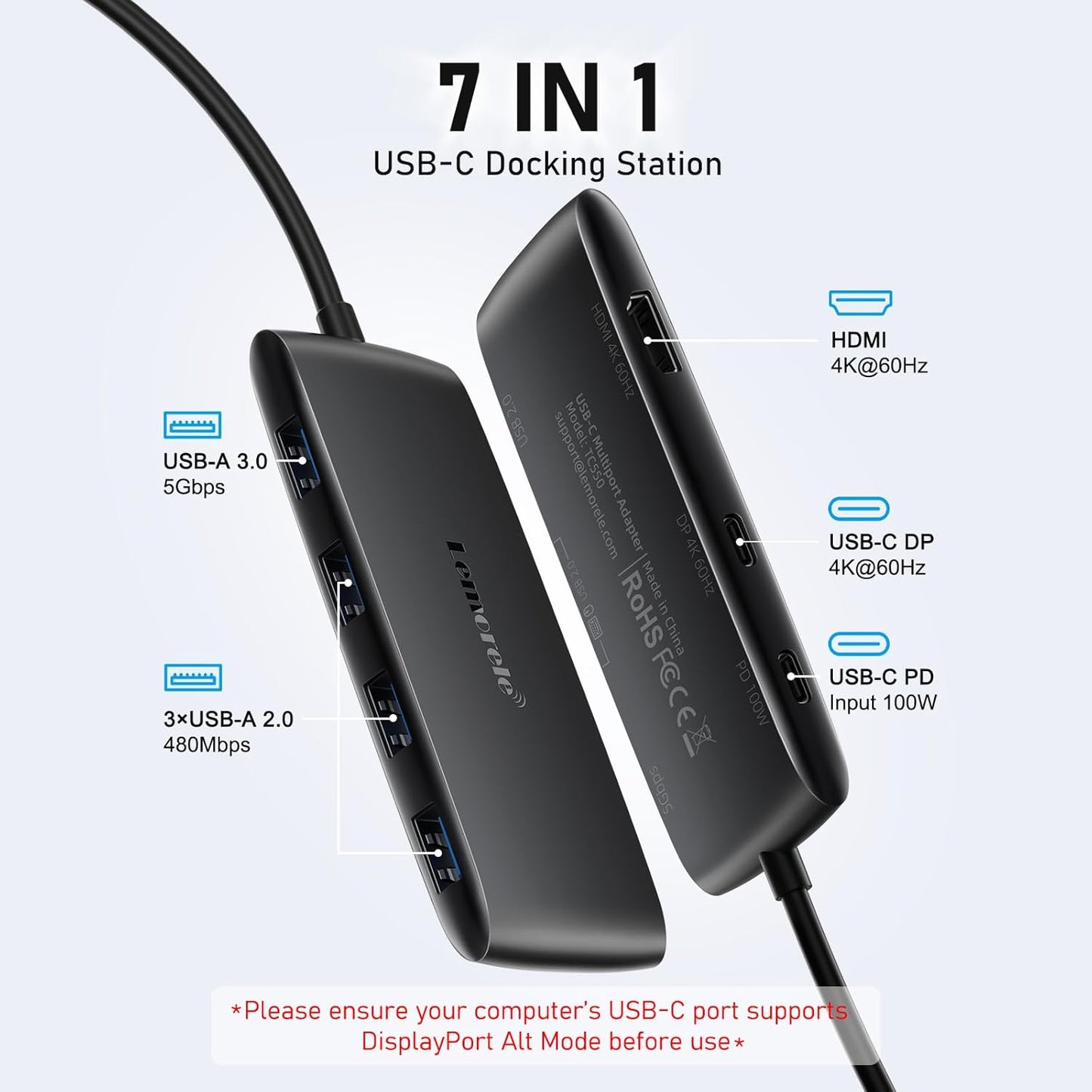 Lemorele USB C Docking Station Dual Display, 7-in-1 Dock with Dual 4K