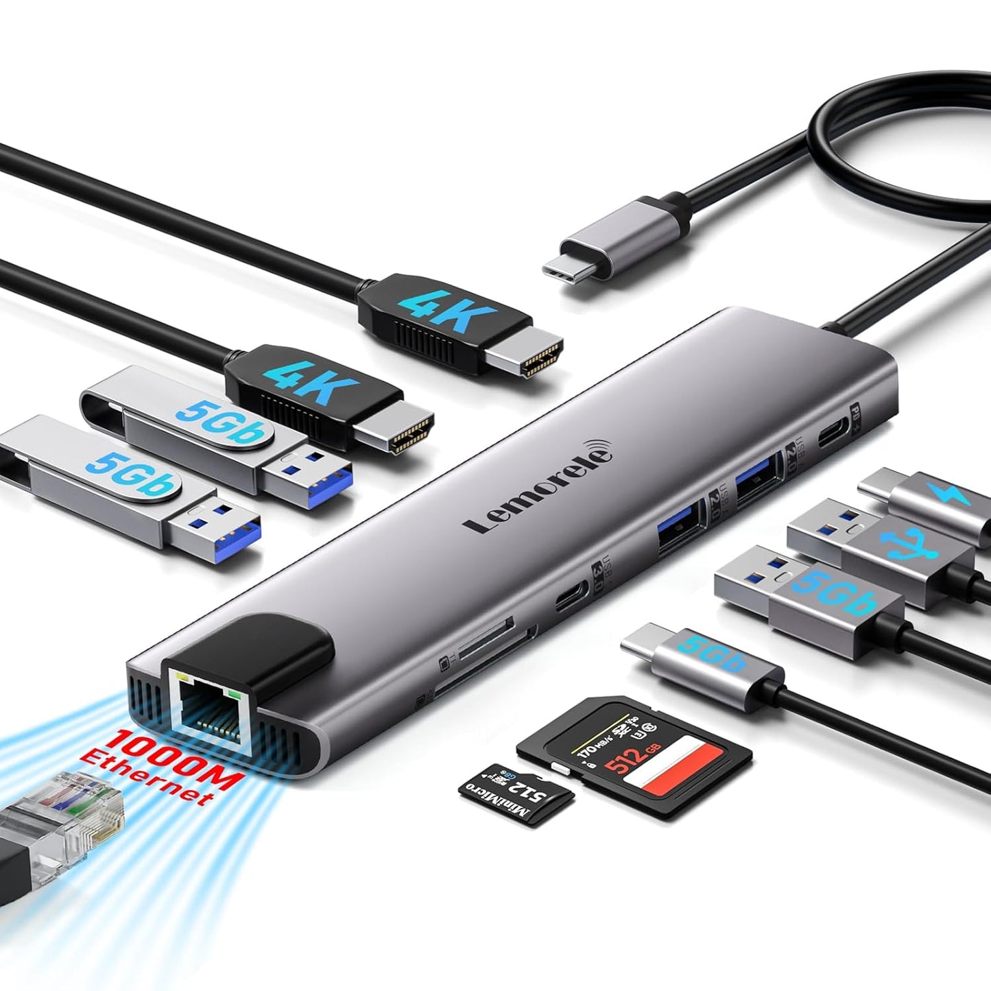 Lemorele 11-in-1 USB C Docking Station Dual 4K HDMI, Gigabit Ethernet, 4 USB Ports, PD 100W Charging, USB-C 3.0 Data, SD/TF Card Reader for MacBook Dell HP Surface Lenovo Windows Laptops