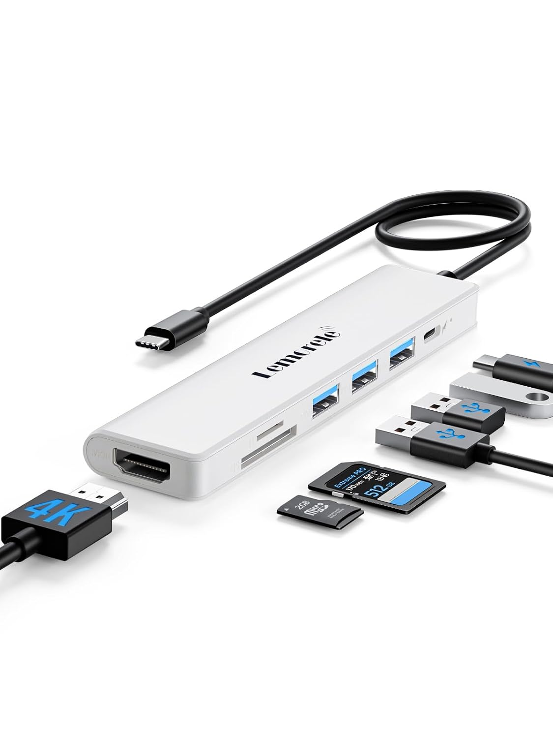 Lemorele USB C Hub 7 in 1 Adapter with HDMI 4K@30Hz, 100W PD Charging, 1 USB3.0 5Gbps Data Port, 2 USB 2.0, SD/TF, USB C Multiport Dongle for MacBook/ChromeBook/Dell/HP/Lenovo(White) - TC70White