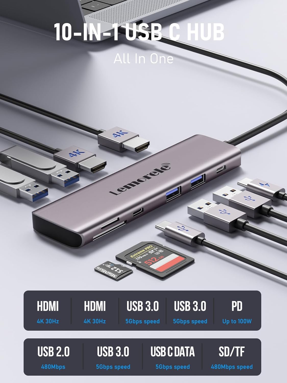 Lemorele USB C Docking Station Charging Hub with 4xUSB, 3.0Data, 100W PD