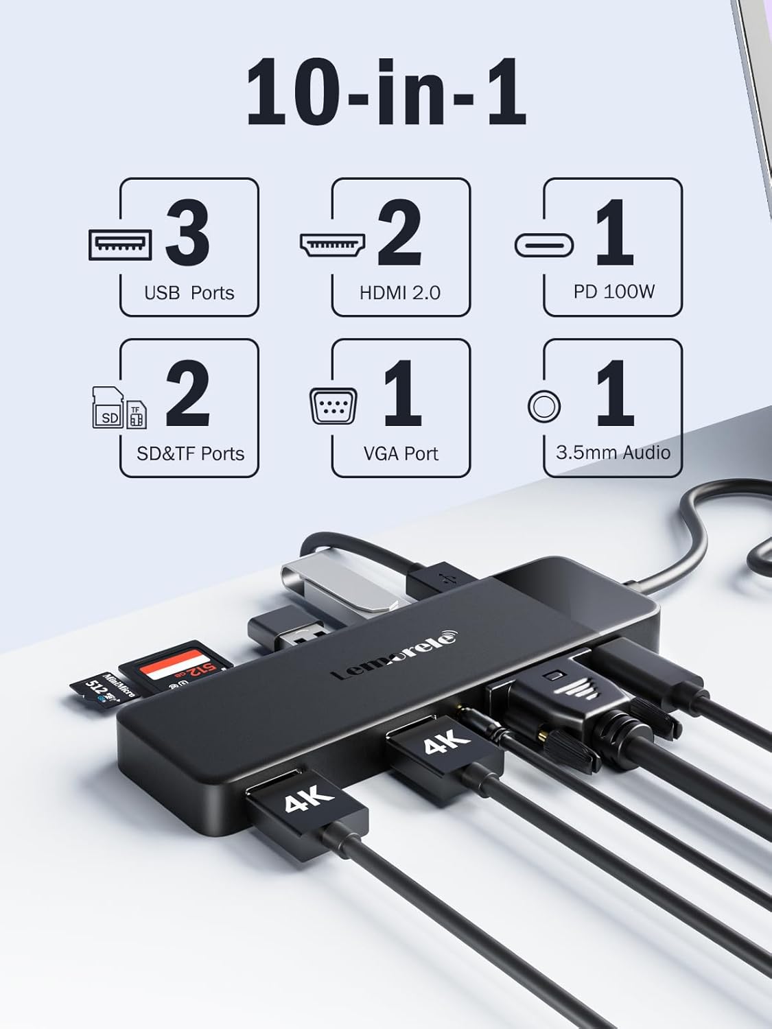 Lemorele USB C Hub Docking Station, 10-in-1 Dual Monitor Adapter with 4K Dual HDMI, 1080P VGA, 3×USB3.0/2.0, TF/SD, 3.5mm Audio, 100W PD for MacBook, HP, Dell, Lenovo and More