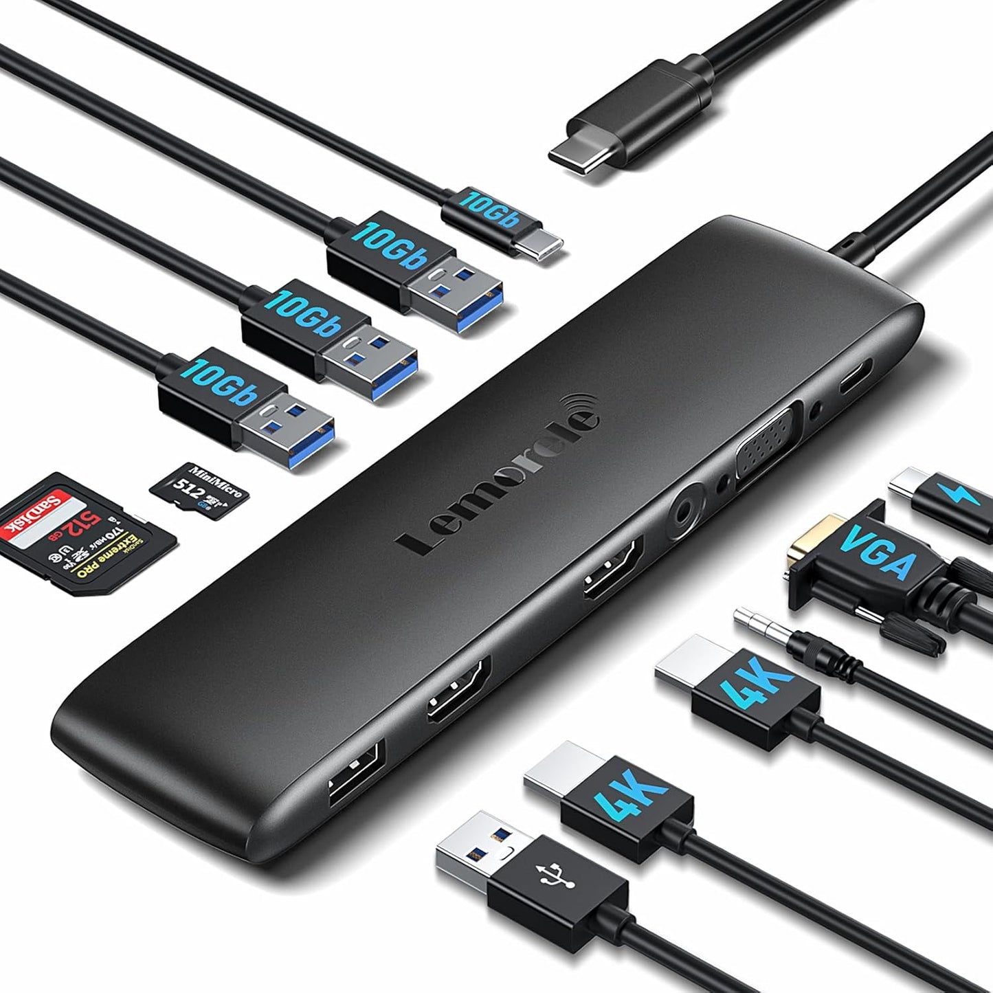 Lemorele 12-in-1 Docking Station 10Gbps, Triple Display with HDMI+VGA, 3 USB-A 3.2 Gen2 Ports, 100W PD Fast Charging, SD/TF Card Slots, Compatible with Dell, Lenovo, Surface Laptops