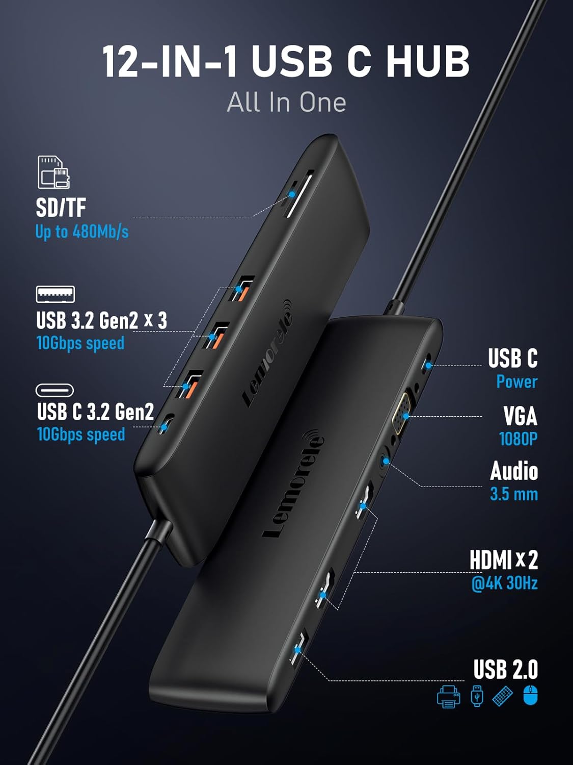Lemorele 12-in-1 Docking Station 10Gbps, Triple Display with HDMI+VGA, 3 USB-A 3.2 Gen2 Ports, 100W PD Fast Charging, SD/TF Card Slots, Compatible with Dell, Lenovo, Surface Laptops