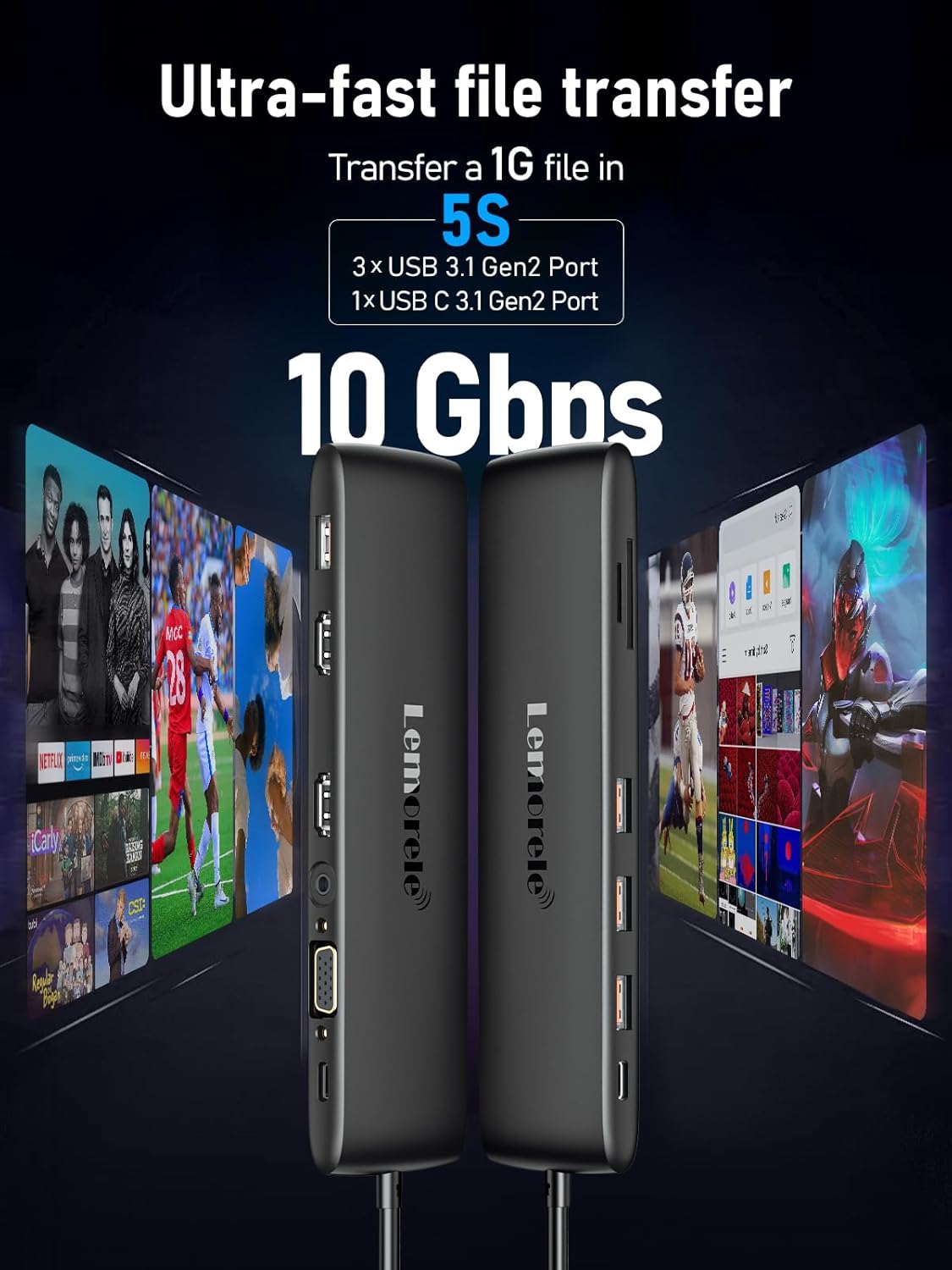 Lemorele 12-in-1 Docking Station 10Gbps, Triple Display with HDMI+VGA, 3 USB-A 3.2 Gen2 Ports, 100W PD Fast Charging, SD/TF Card Slots, Compatible with Dell, Lenovo, Surface Laptops