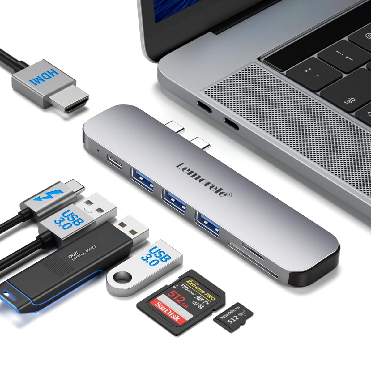 Lemorele 7 in 2 USB Hub for MacBook Pro/Air M1 M2 M3 M4, Thunderbolt 4, 4K HDMI, USB 3.0, 100W PD Charging, SD/TF Card Reader, Dual Screen Extension